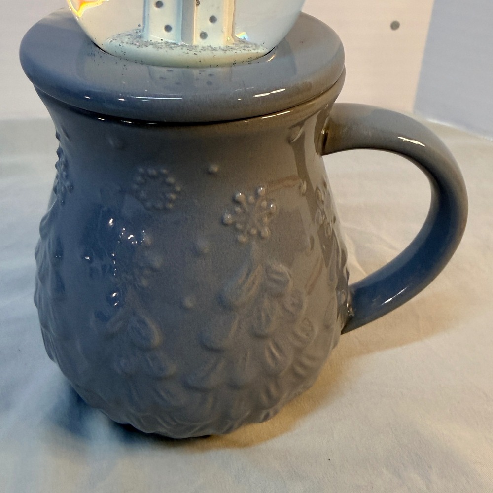 Temp-tations by Tara Blue Snow Globe Lid Coffee Mug 16oz Snowflake Tree Ceramic - Picture 5 of 10